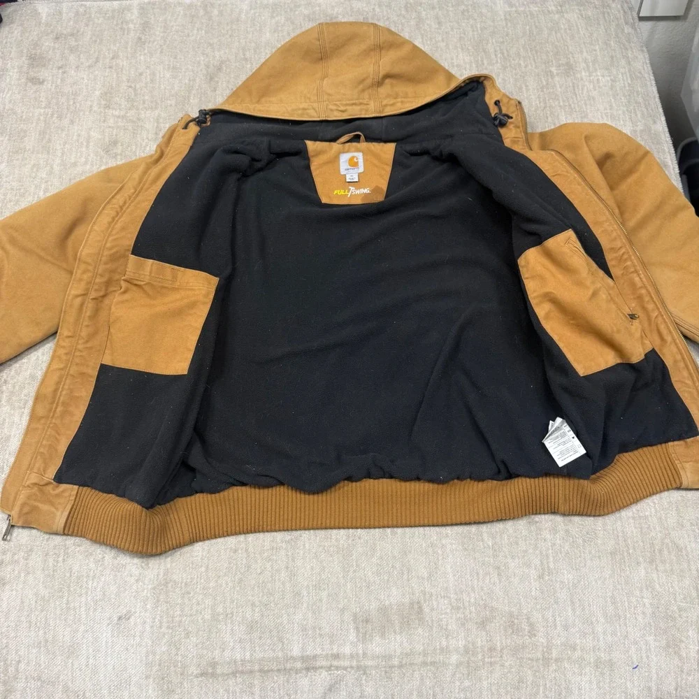 Carhartt Hooded Duck Canvas Jacket Brown Fleece Lined Workwear Full Zip Mens XL